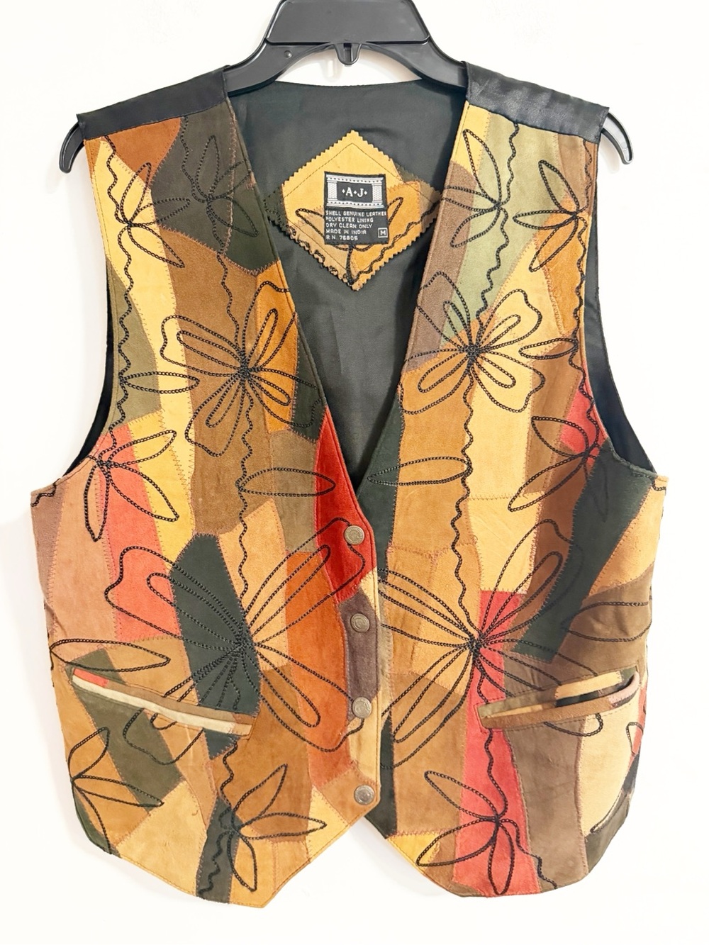 Vintage A.J. Genuine Leather Floral Suede Vest Patchwork Embroidered Snap Front